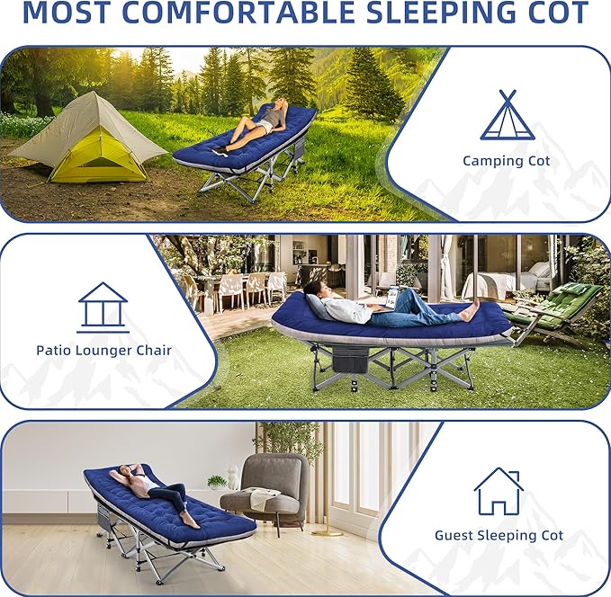 Camping Cot, Sleeping Cots, Portable Camping cots with Cushion, Pillow and Carry Bag, 1200D Double Layer Oxford, 600 LBS Weight Capacity Cots for Sleeping (Blue)