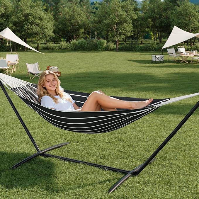 Double Hammock with Steel Stand - 2 Person Hammock Bed Indoor Outdoor, Brazilian-Style, with Carry Bag, 450lb Capacity, Portable & Easy Assembly, Chasm