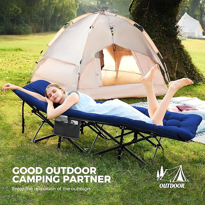 JEAREY 2-Piece Camping Cot for Sleeping 28" Extra Wide, Heavy-Duty 1200D Oxford Foliding Cots for Adults Portable with Mattress, Carry Bag for Guest, Travel, Hiking, Navy