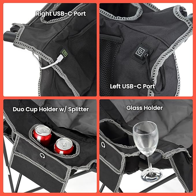 ARROWHEAD OUTDOOR 57" Wide Duo Foldable Heated Camping Loveseat Chair with 3-Stage Heating, Large Cup Holders, Glass Holders, Side Pockets, and Storage Pouches