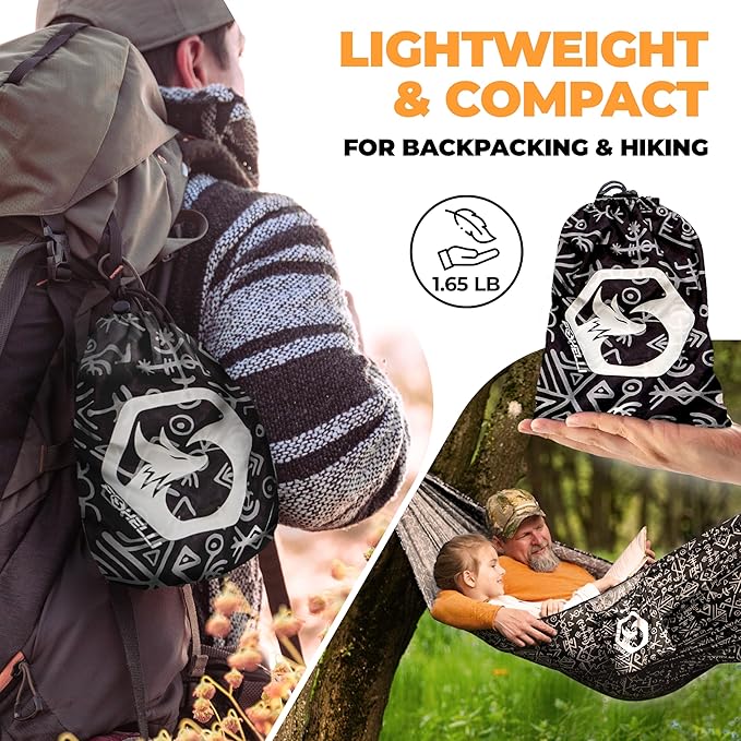 Foxelli Camping Hammock – Ultralight Hammock for Backpacking, Hiking, Festivals, Travel - Easy Setup with Tree-Friendly Ropes & Steel Carabiners, Heavy Duty Parachute Nylon