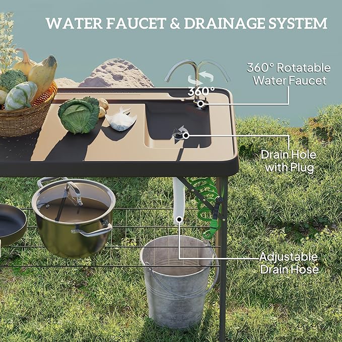 Outsunny Folding Fish Cleaning Table, Portable Camping Sink Station with Faucet, Drainage Hose, Sprayer, Grid Rack and Knife Groove, Outdoor Fillet Table for Picnic Beach Patio, Tan