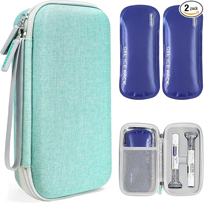 Portable Insulated Cooler Travel Case Fits 2 Zepbound or Mounjaro Injector Pens, Tirzepatide Travel Case TSA Approved with 2PCS Reusable Ice Packs, EVA Medicine Organizer for Daily Use (Green,Big)