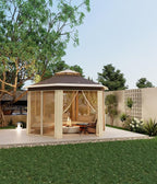 13x13 FT Pop-Up Gazebo – Double Roof, Mosquito Netting, Hexagonal Prompt Canopy Tent, UV & Rain Resistant, Adjustable Height, Portable Carry Bag for Patio, Backyard, Parties – Khaki + Beige