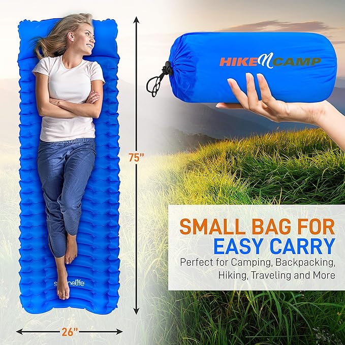 SereneLife Backpacking Air Mattress Sleeping Pad - Waterproof Lightweight Sleep Pad Inflatable Camping Sleeping Mat w/Carrying Bag - for Camping, Backpacking, Hiking