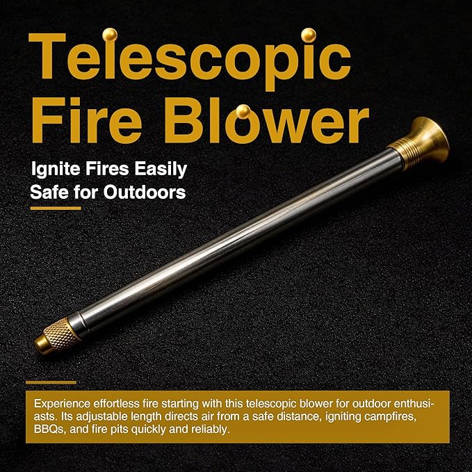 Telescoping Fire Blow Poker with Premium Brass Tip & Integrated Anti-Smoke Safety Valve | Perfect for Campfires, BBQ Grills, Outdoor Fire Pits & Fireplaces | Ultralight Camping Gear