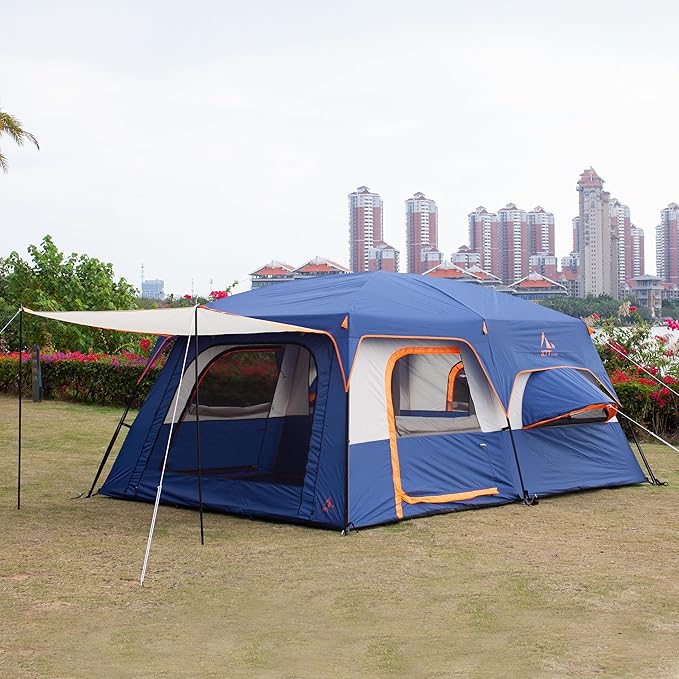 KTT Extra Large Tent 10-12-14 Person(A),Family Cabin Tents,2 Rooms,3 Doors and 3 Windows with Mesh,Straight Wall,Waterproof,Double Layer,Big Tent for Outdoor,Picnic,Camping,Family Gathering