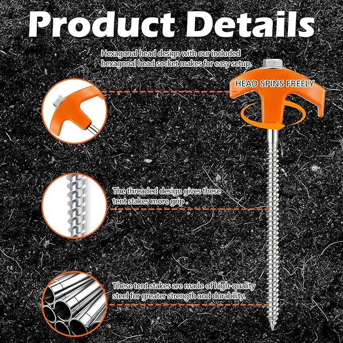 8" Heavy Duty Screw in Tent Stakes, Metal Camping Stakes, Drill-In Ground Anchor, Threaded Stakes for Canopies, Gardening, Yard Inflatables, with Hex Socket and Storage Bag (20, Orange)