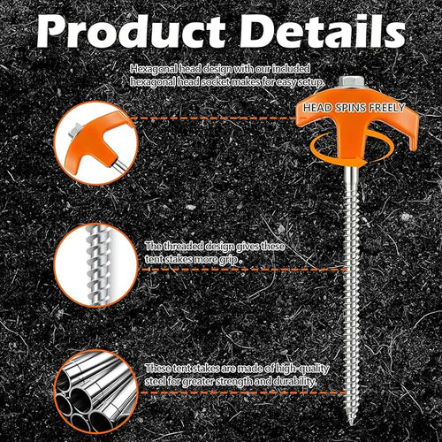 8" Heavy Duty Screw in Tent Stakes, Metal Camping Stakes, Drill-In Ground Anchor, Threaded Stakes for Canopies, Gardening, Yard Inflatables, with Hex Socket and Storage Bag (20, Orange)