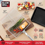 Blazin' Grill Grill Baskets for Outdoor Grill | 2 Grilling Baskets with Detachable Handle | Barbecue Grill Set with BBQ Gloves | Portable Camping Net Rack Perfect for Vegetables, Seafood & Meat