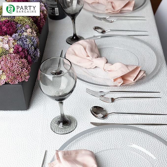 PARTY BARGAINS 13-Inch Charger Plates - 96 Pack, Clear Silver Rim, Heavy-Duty Disposable Chargers for Elegant Dining - Ideal for Weddings and Formal Events