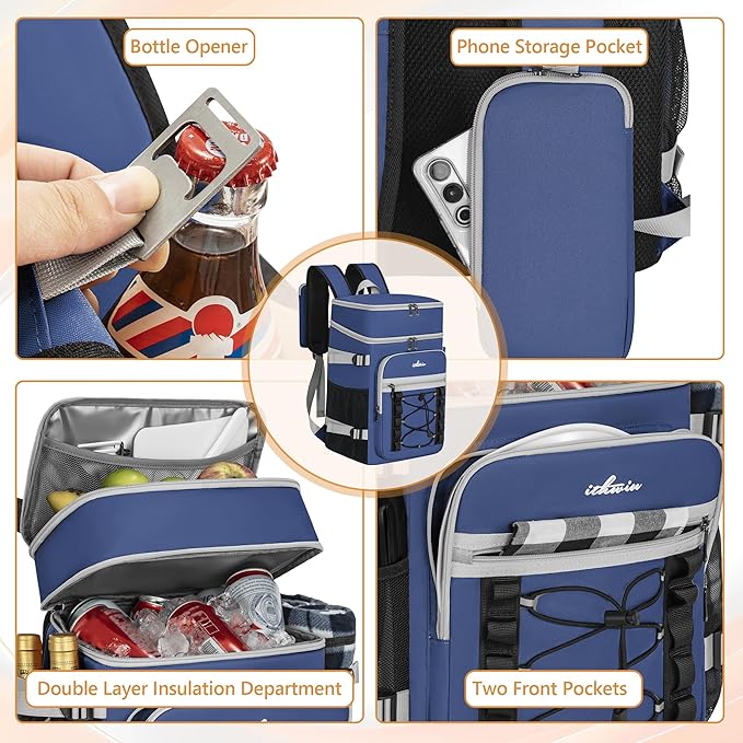 Cooler Backpack, 40 Cans Insulated Lunch Backpack Picnic Backpack for Men&Women, Durable Cooler Bag with 2 Leak Proof Compartments for Picnic, BBQ Camping, Lunch, Beach, Hiking, Blue