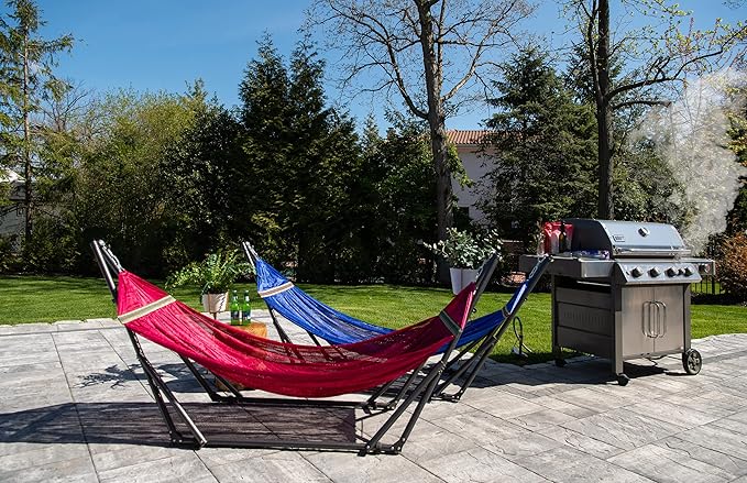 Best Home Fashion Hammock for 2 Persons with Collapsible Steel Stand 600 lbs Capacity- Portable Carrying Case, Adjustable, Perfect for Camping Beach Patio, EZ Daze Foldable Hammock with Stand- RED