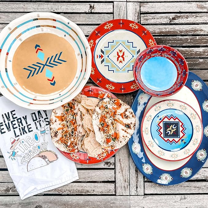 Paseo Road Spirit Valley 14 Piece Melamine Plastic Dinnerware Set with Plates, Bowls and Serving Platter, Southwestern Rustic Cabin Lodge Aztec Style
