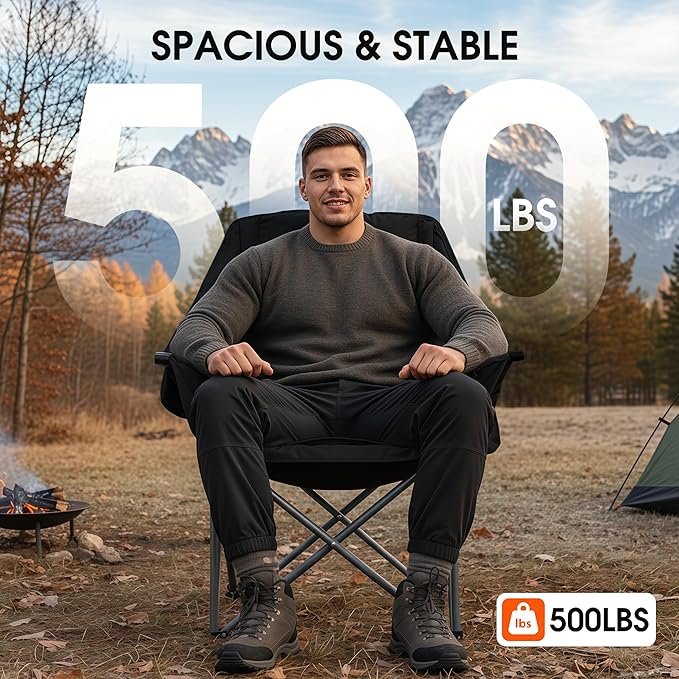 2 Pack Heated Camping Chair - Outdoor Folding Chair with 3 Heat Levels for Back & Seat - Portable Lawn Chair Outdoor Camp Chair (Battery Not Included) Black
