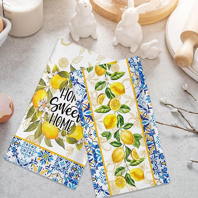 Lemon Kitchen Towels, Lemon Mediterranean Dish Towels Set of 2, Farmhouse Home Sweet Home Kitchen Decor, Summer Yellow Decorative Hand Tea Towels for Housewarming (18x26 Inches)