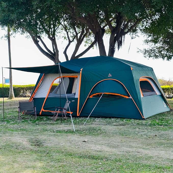 KTT Extra Large Tent 10-12-14 Person(B),Family Cabin Tents,2 Rooms,3 Doors and 3 Windows with Mesh,Straight Wall,Waterproof,Double Layer,Big Tent for Outdoor,Picnic,Camping,Family Gathering