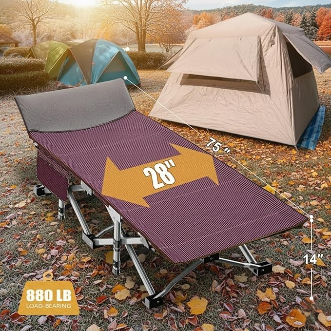 ABORON Folding Camping Cot W/Mat for Adults, Heavy Duty Outdoor Bed with Carry Bag,1200 D Layer Oxford Travel Camp Cots