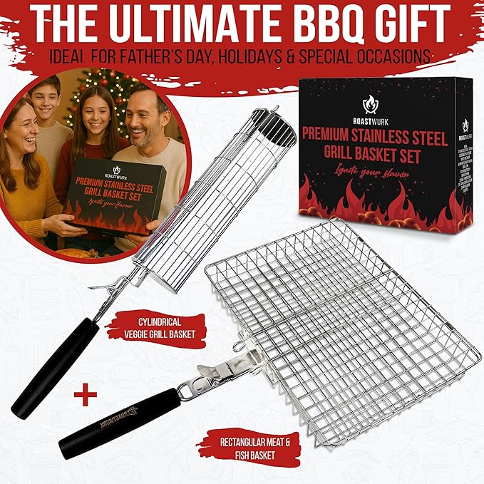 ROASTWURK's Bbq Grill Basket Set For Meat Fish Vegetables Stainless Steel 304 Barbecue Bbq Grilling Accessories Gifts For Men, Removable Wooden Handle Tool Shrimp Outdoor Cooking Camping Tailgating