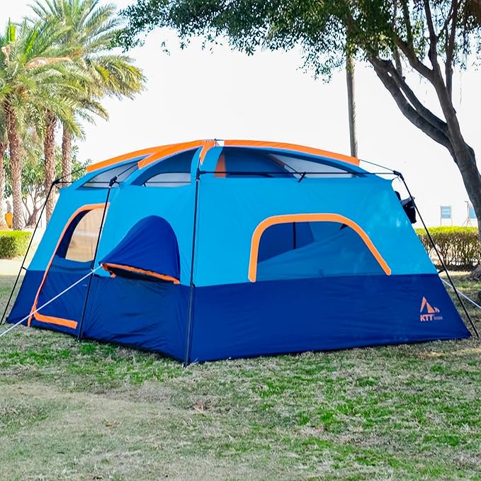 KTT Extra Large Tent 10-12-14 Person(B),Family Cabin Tents,2 Rooms,3 Doors and 3 Windows with Mesh,Straight Wall,Waterproof,Double Layer,Big Tent for Outdoor,Picnic,Camping,Family Gathering