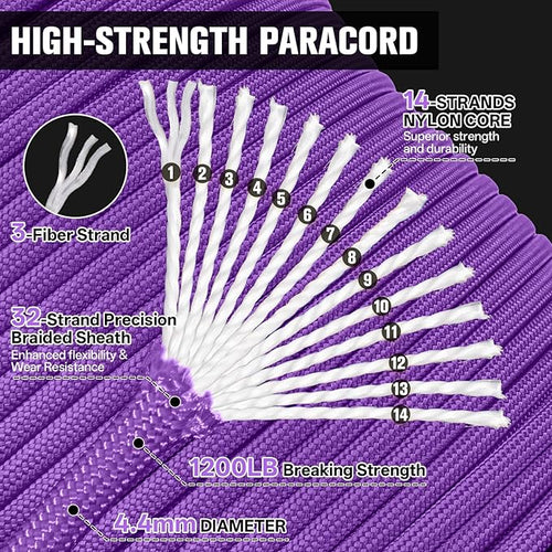 1200 Paracord Rope - 4.4mm 14 Strand Nylon Parachute Spool para Cord Lanyard for Outdoor Camping Survival Utility Tent Crafting DIY Projects Fishing Clothsline Bracelet - Purple 100FT