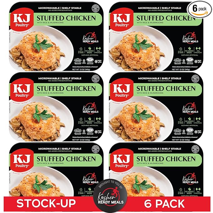 KJ Poultry Kosher Ready Meals - Stuffed Chicken Breast Rice, MRE Meat Meals Ready to Eat, Gluten Free, Halal, (6 Pack) Prepared Entree Fully Cooked, Shelf Stable Microwave Dinner, Travel Military