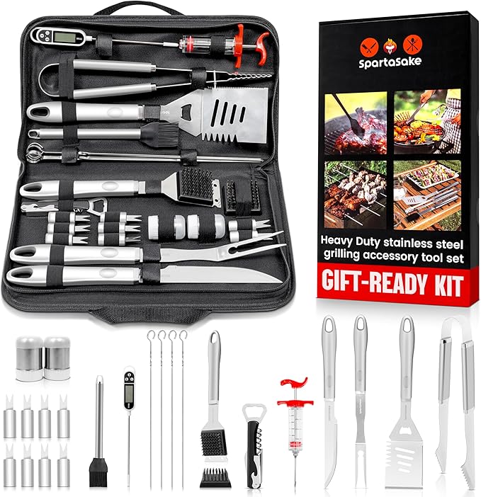 SpartaSake Premium Stainless Steel BBQ Grilling Accessories with Steel Handles - Barbecue Gill Accessories Set for Blackstone Griddle - Outdoor Camping Grill Set for BBQ for Dad Men Women (24-Pack)