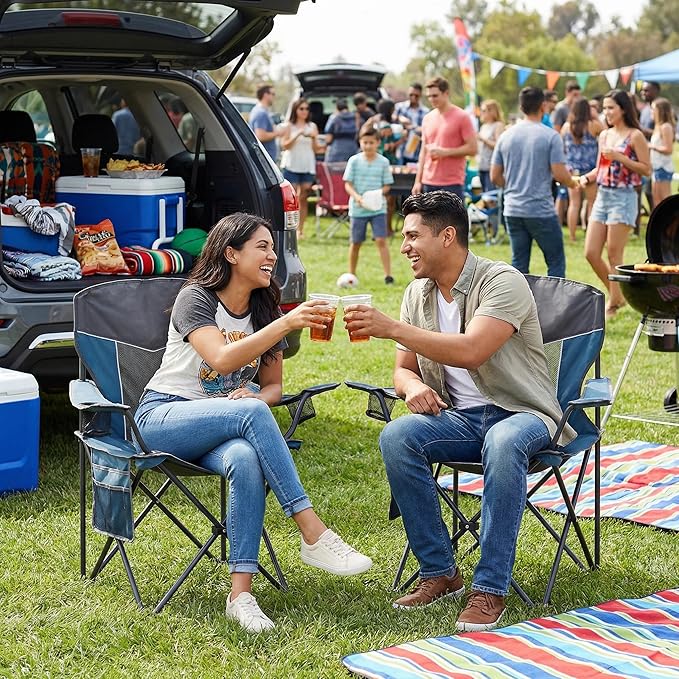 Outdoor Camping Chair 2-Pack with Mesh Back, Folding Portable Lawn Chairs with Cup Holder & Side Storage Pocket for Camping, Beach, Picnic, Fishing(Blue)