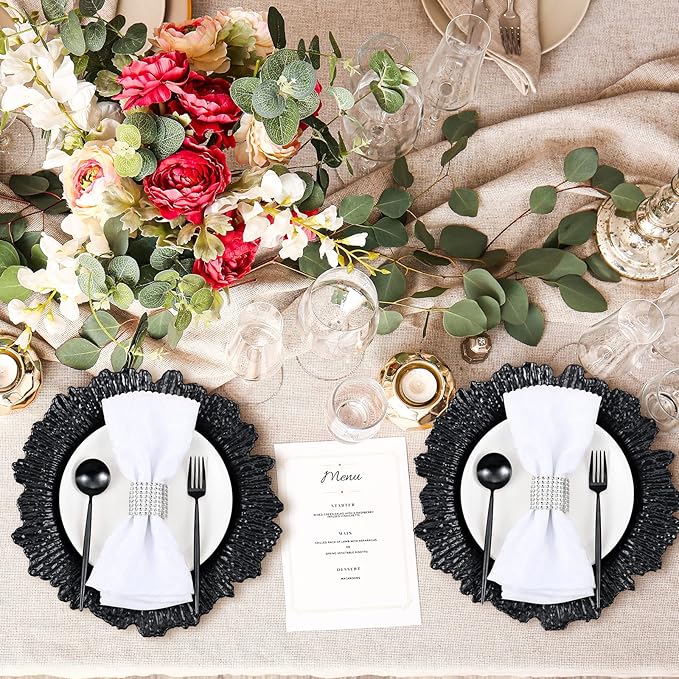 Rtteri 50 Pcs 13 Inch Charger Plates Bulk, Plastic Charger Plates with Floral Reef Design, Round Ruffled Rim Decorative Dinner Tableware for Wedding, Party, Event Table Decor(Black)