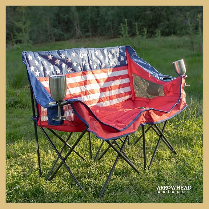 ARROWHEAD OUTDOOR 2-Pack Portable Folding Camp Loveseat Chair w/Glass & Cup Holders, Heavy Duty Carry Bag, 650 lbs Weight Capacity