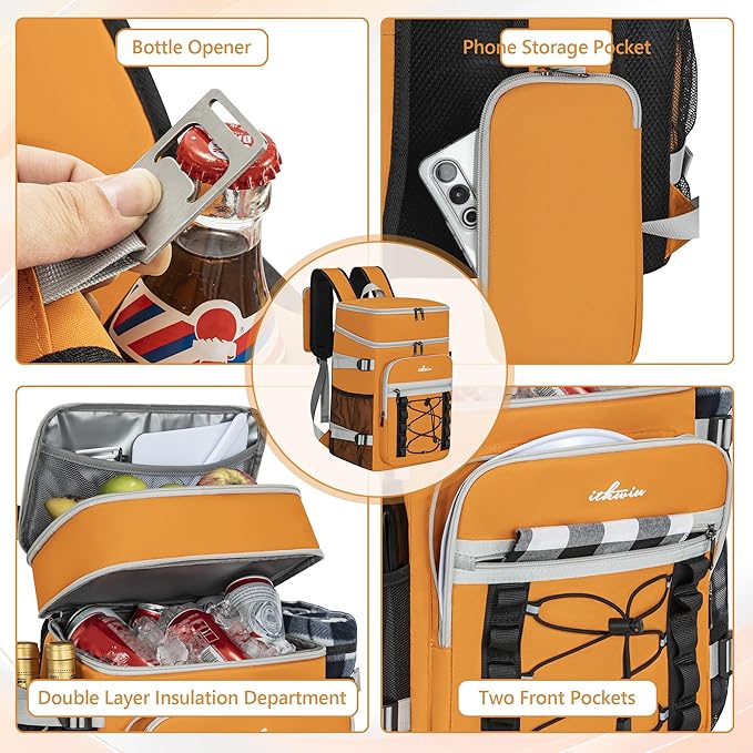 Cooler Backpack, 40 Cans Insulated Lunch Backpack Picnic Backpack for Men&Women, Durable Cooler Bag with 2 Leak Proof Compartments for Picnic, BBQ Camping, Lunch, Beach, Hiking, Orange
