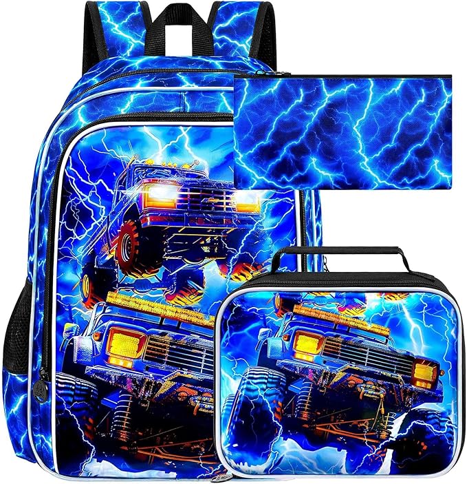 17" Truck Backpack for Boy, 3Pcs Lightning Bookbag for Elementary Preschool Kindergarten, Kids School Thunder Backpacks with Lunch Box (Blue)