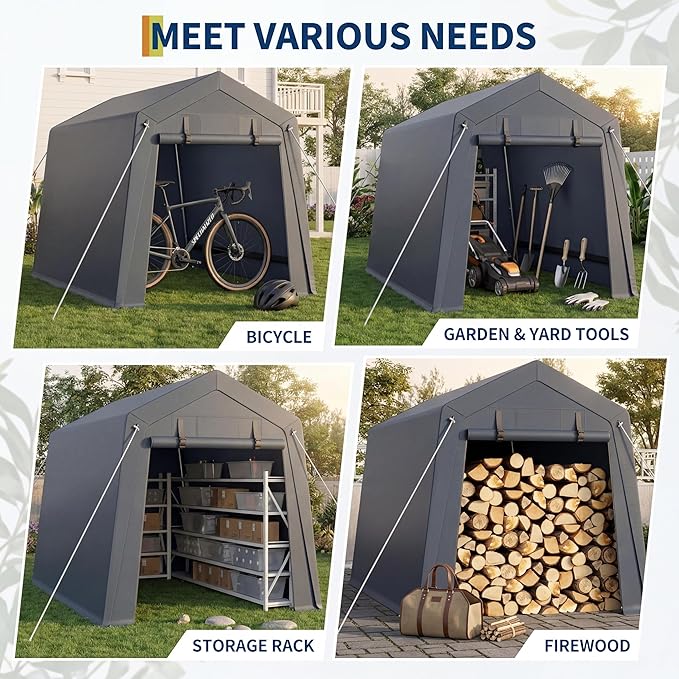 6x6FT Carport, Heavy Duty Motorcycle Shed with Waterproof PE Tarp, Portable Outdoor Storage Shed for Bikes and Firewood, All-Weather Car Shelter with Roll-Up Zipper Door, 6x6FT, Gray