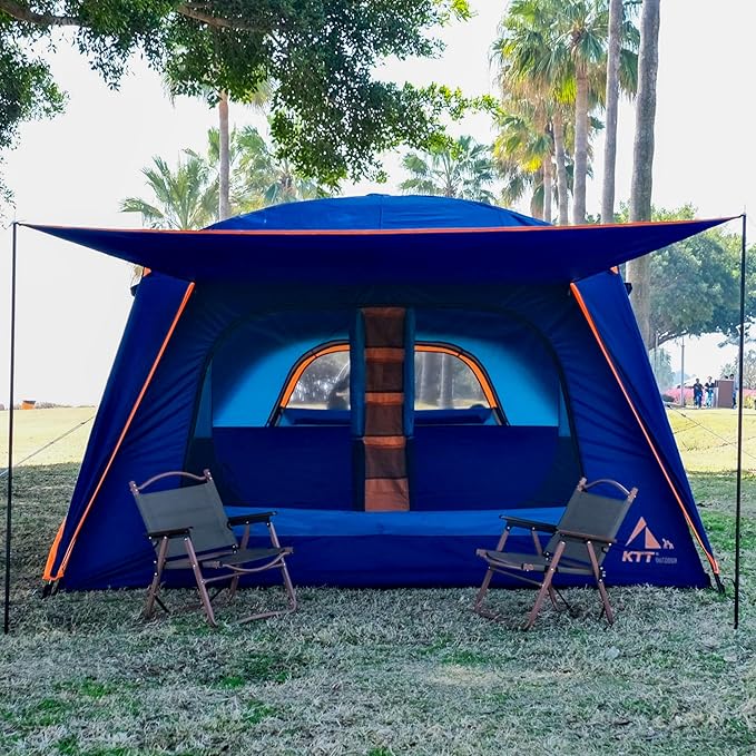 KTT Extra Large Tent 10-12-14 Person(B),Family Cabin Tents,2 Rooms,3 Doors and 3 Windows with Mesh,Straight Wall,Waterproof,Double Layer,Big Tent for Outdoor,Picnic,Camping,Family Gathering