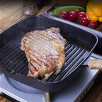 Cast Iron Grill Pan, 9.5 inch Square Grill Pan Skillet with Pour Spout, Cast Iron Griddle Pan with Small Meat Tong, Oil Brush & Hemp Rope for Stove Tops, Gas, Induction, Grill, Campfire, Oven Safe