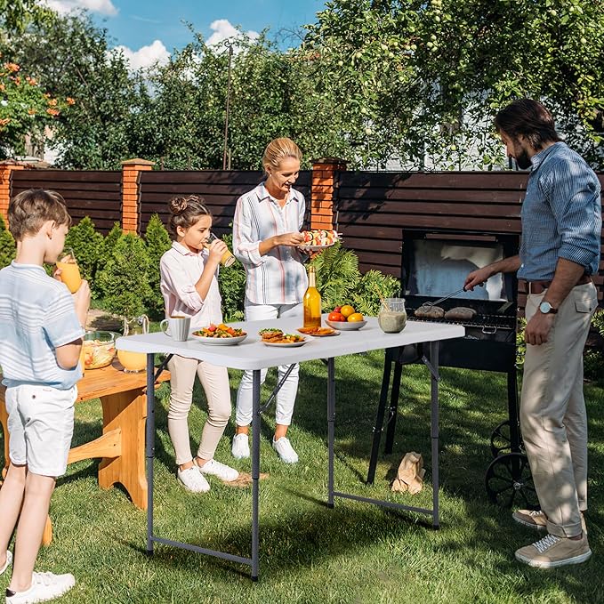 ZenStyle 4 ft Folding Table, 48x24 Inch White Portable Plastic Table, Height Adjustable & Lightweight for Indoor Outdoor Use, Camping, Parties, Events, Dining