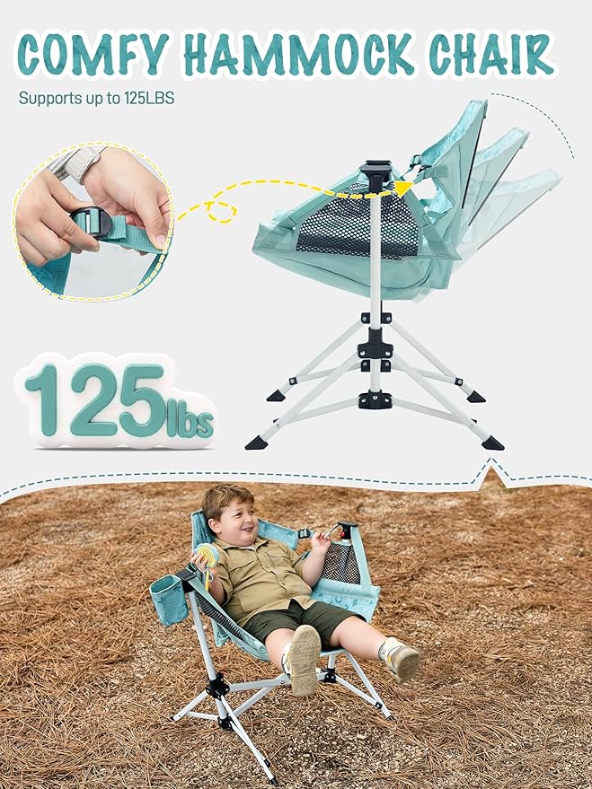 EVER ADVANCED Kids Hammock Chair Foldable, Kids Camping Chair with Stand Portable, Hammock Swing Chair with Cup Holder, Child Camping Gear Carry Bag for Traveling Outdoor Patio Supports 125LBS Green