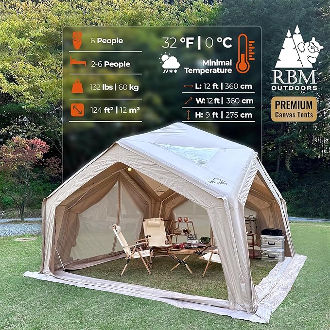Coody Inflatable Canvas Camping Tents with Stove Jack – Premium Air Beam Family Glamping Tent, Breathable Cotton Canvas, Fast Setup Air Tent with Pump