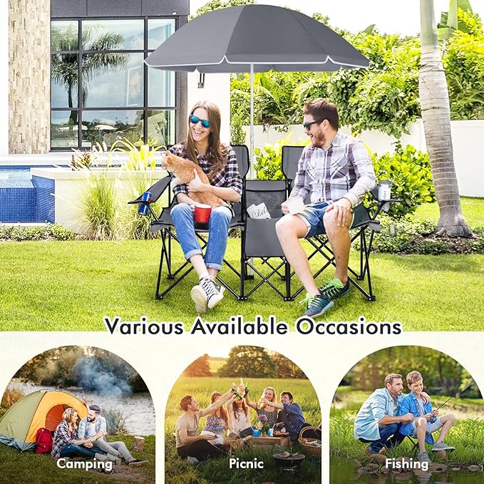 COSTWAY Double Portable Picnic Chairs, Folding Camping Chairs w/Detachable Umbrella, Cooler Bag, Cup Holders, Patio Beach Camping Chairs for Outdoors