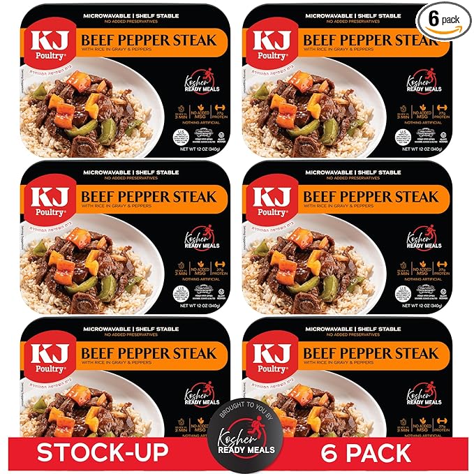 KJ Poultry Kosher Ready Meals - Beef Pepper Steak & Rice, MRE Meat Meals Ready to Eat (6 Pack) Prepared Entree Fully Cooked, Shelf Stable Microwave Dinner Travel, Military, Camping, Emergency Survival