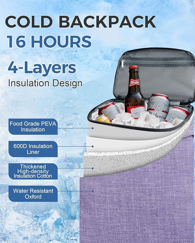 BAGLHER Lightweight Insulated Cooler Backpack - 30 Cans, Leak-Proof for Lunch, Picnic, Hiking, Camping Trips