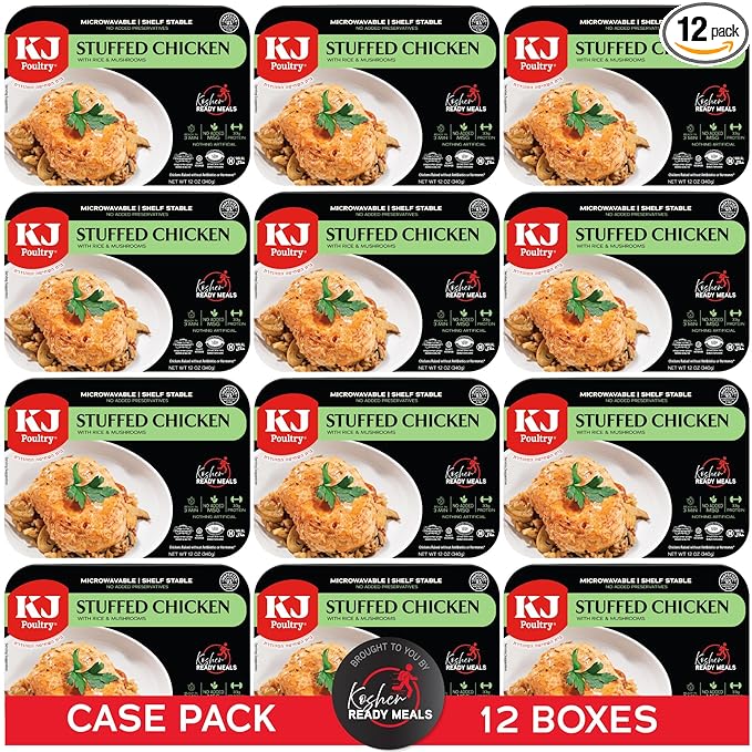 KJ Poultry Kosher Ready Meals - Stuffed Chicken Breast Rice, MRE Meat Meals Ready to Eat, Gluten Free, Halal, (12 Pack) Prepared Entree Fully Cooked, Shelf Stable Microwave Dinner, Travel Military