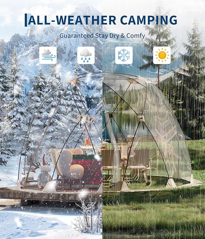 Instant Outdoor Clear Bubble Tent 3-4 Person Portable Screen House Room Pop Up Bubble Tent All Weather Sport Tents Instant Rainproof Camping Sun Shelter Coldproof for Sports Events Patio Fishing