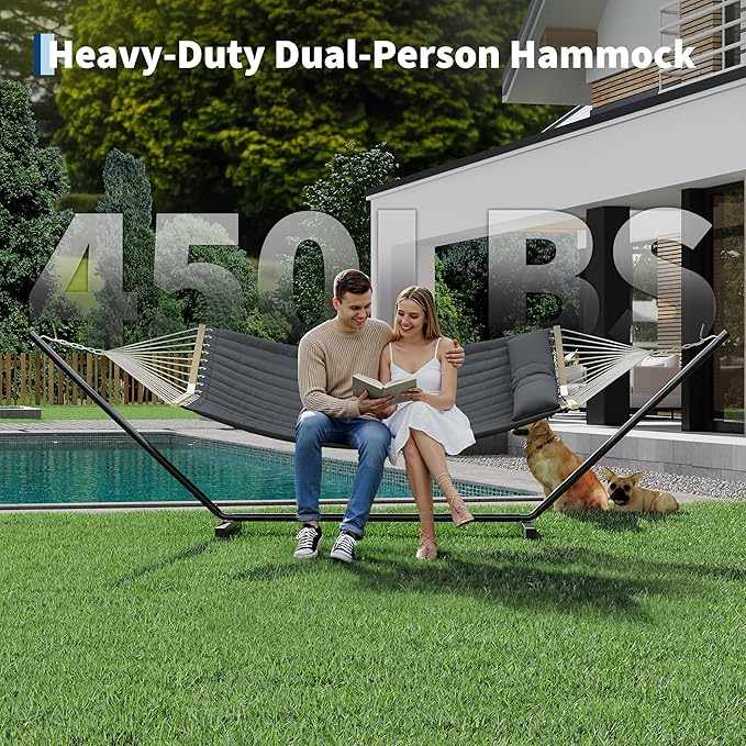2 Person Double Hammock with Adjustable Steel Stand & Pillow, Heavy Duty Portable Outdoor Hammock Set, MAX 450 LBS Weight Capacity for Patio, Garden, Beach, Backyard