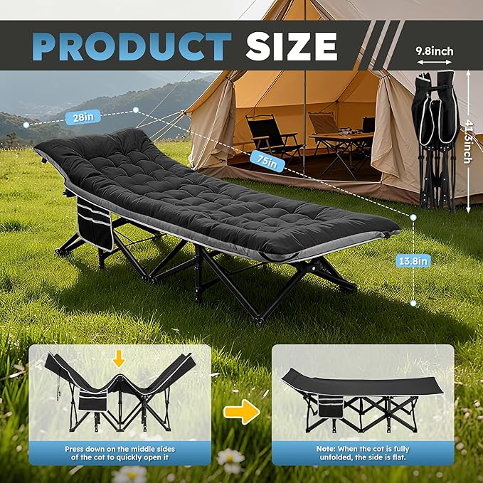 HABUTWAY Camping Cot, Portable Camping Cot for Adult, 28" Wide Sleeping Cot Max Load 600LBS with Thick Mattress and Carry Bag, Portable Camping Bed for Outdoor Camping/Office, Home Nap
