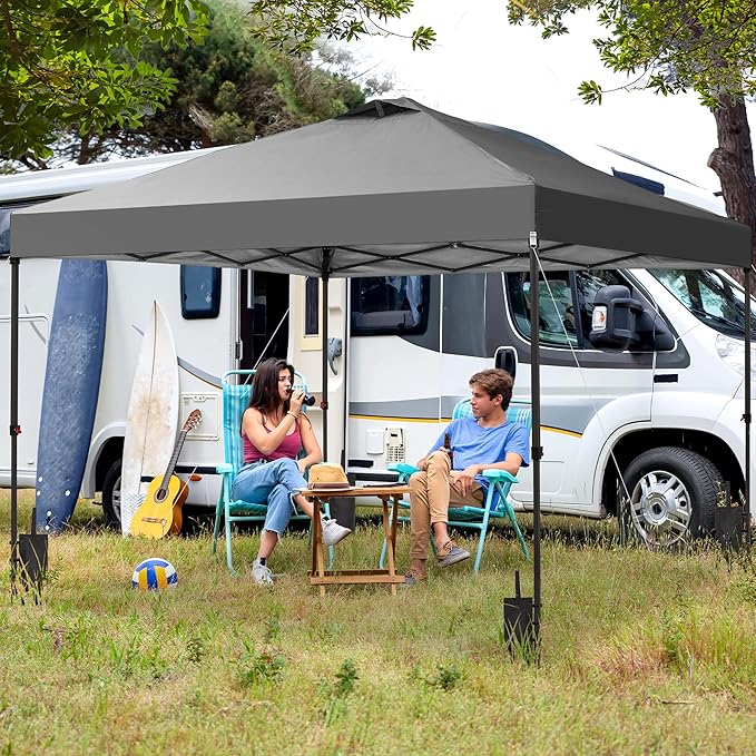 GDY 12x12 Pop Up Canopy Patio Carpas, One Push Set up with Central Lock Canopy with Wheeled Carry Bag, Included 4 Sandbaogs,8 Stakes and 4 Ropes, Gray