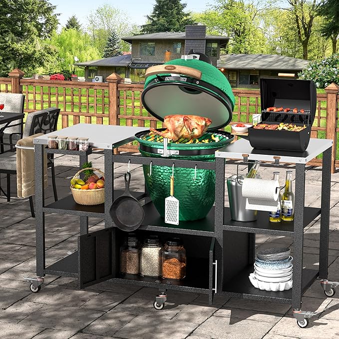 MUPATER 65" L × 24" D × 33" H Outdoor Grill Table, Movable Stainless Steel Grill Cart for Large Big Green Egg, Multi-Purpose Versatility Kitchen Cooking Prep Table BBQ Cart for Party, Camping