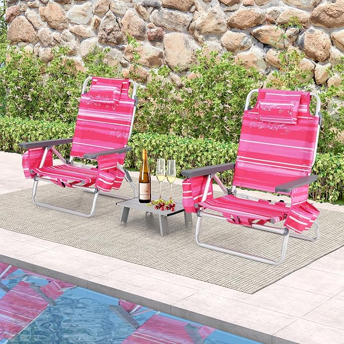 Goplus Beach Chair, Folding Backpack Beach Chairs for Adults with 5 Positions, Head Pillow, Cooler Bag, Towel Bar, Cup Holders, Sunbath Sling Tanning Lounge, Foldable Layout Camping Chairs