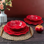 Christmas Red 18 Piece Beaded Melamine Dinnerware Sets, Service for 6, Lightweight Unbreakable, BPA Free With Scalloped rim Plates and Bowls Sets, Dishwasher Safe, Indoor and Outdoor Use