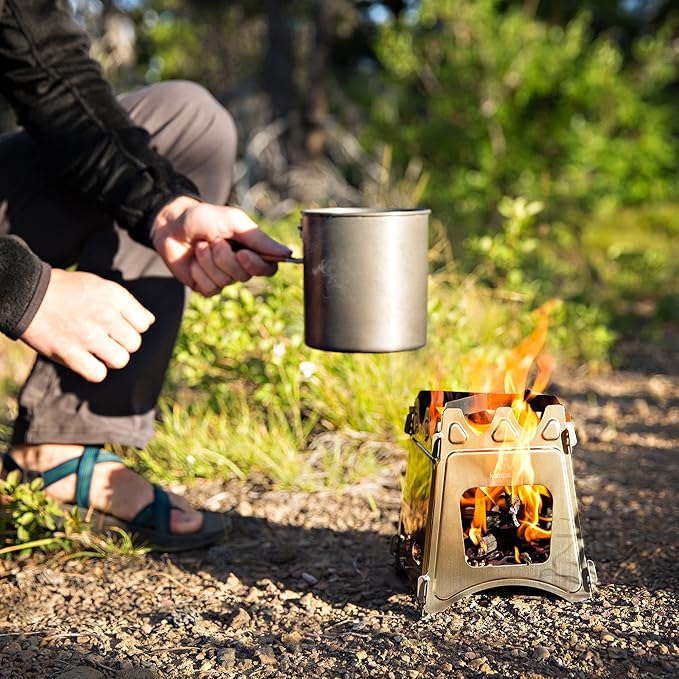 Portable Camping Stove Wood, Wood Stove Camping, Outdoor Compact Campfire, Survival Cooking Gear, Backpacking Stoves, Emergency Backpack Stoves, Hiking Burner, Foldable with Nylon Case (Titanium)